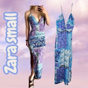 ZARA  WOMAN PATCHWORK PRINT LINEN MAXI DRESS Twist Cross-BACK  Size S High Slit